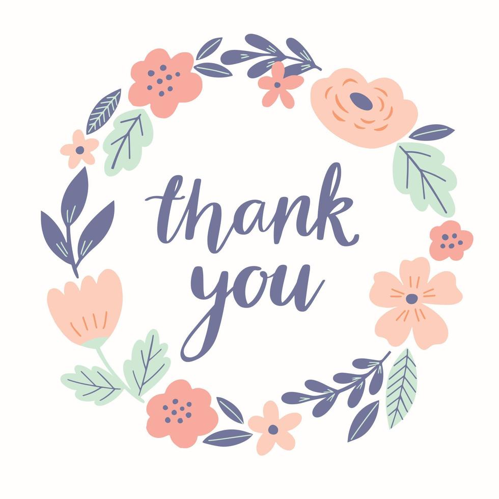 Thank you floral wreath with cute flowers, leaves and modern brush hand ...