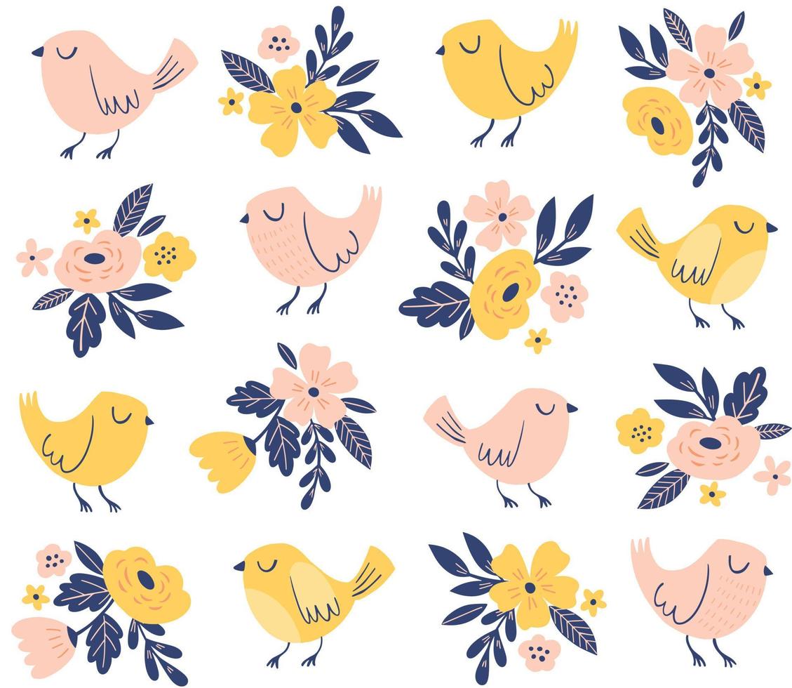 Cute flowers and birds vector pattern. Spring floral bouquets, floral arrangments and cartoon birds childish illustration.