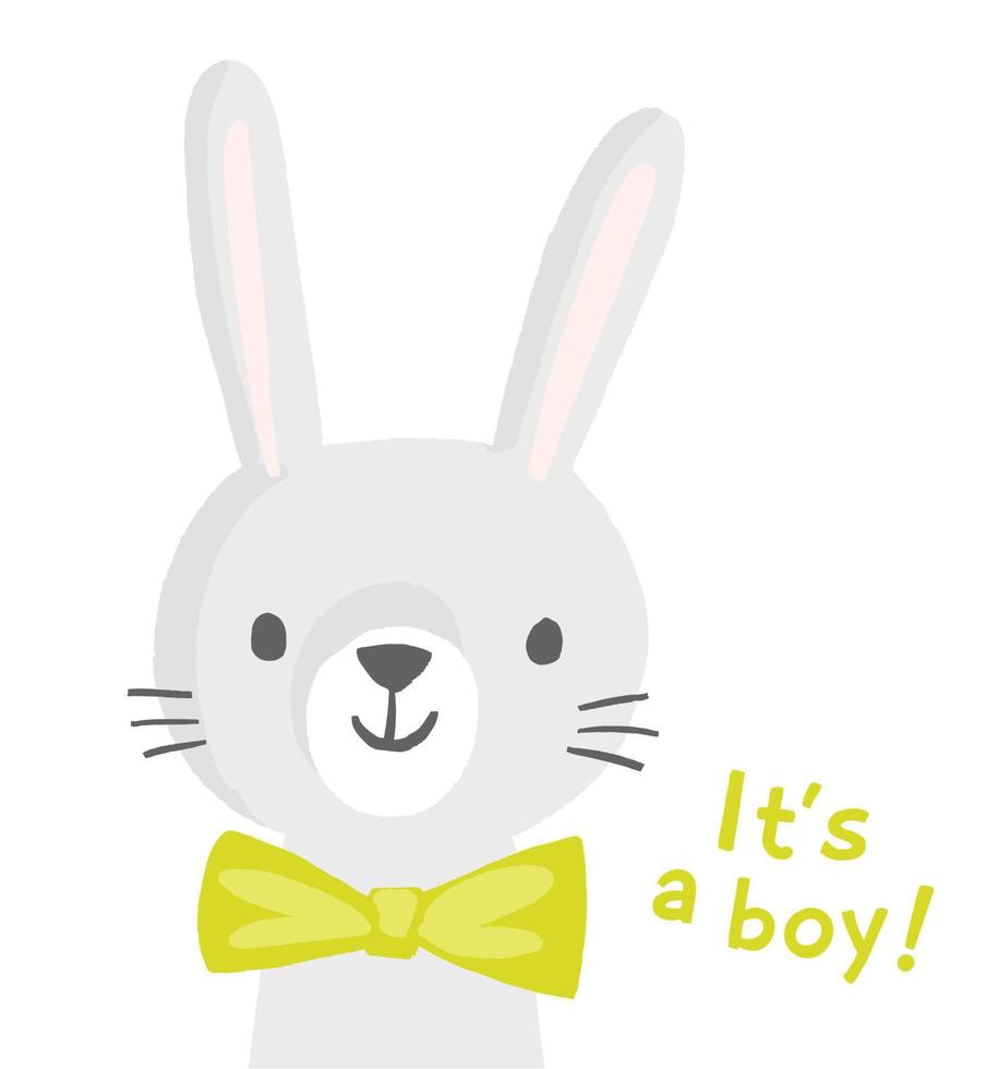 Cute rabbit character bor a boy baby shower invitation, greeting card, birthday party, nursery art poster. Vector illustration of a bunny smiling face with a green bow tie. It's a boy.