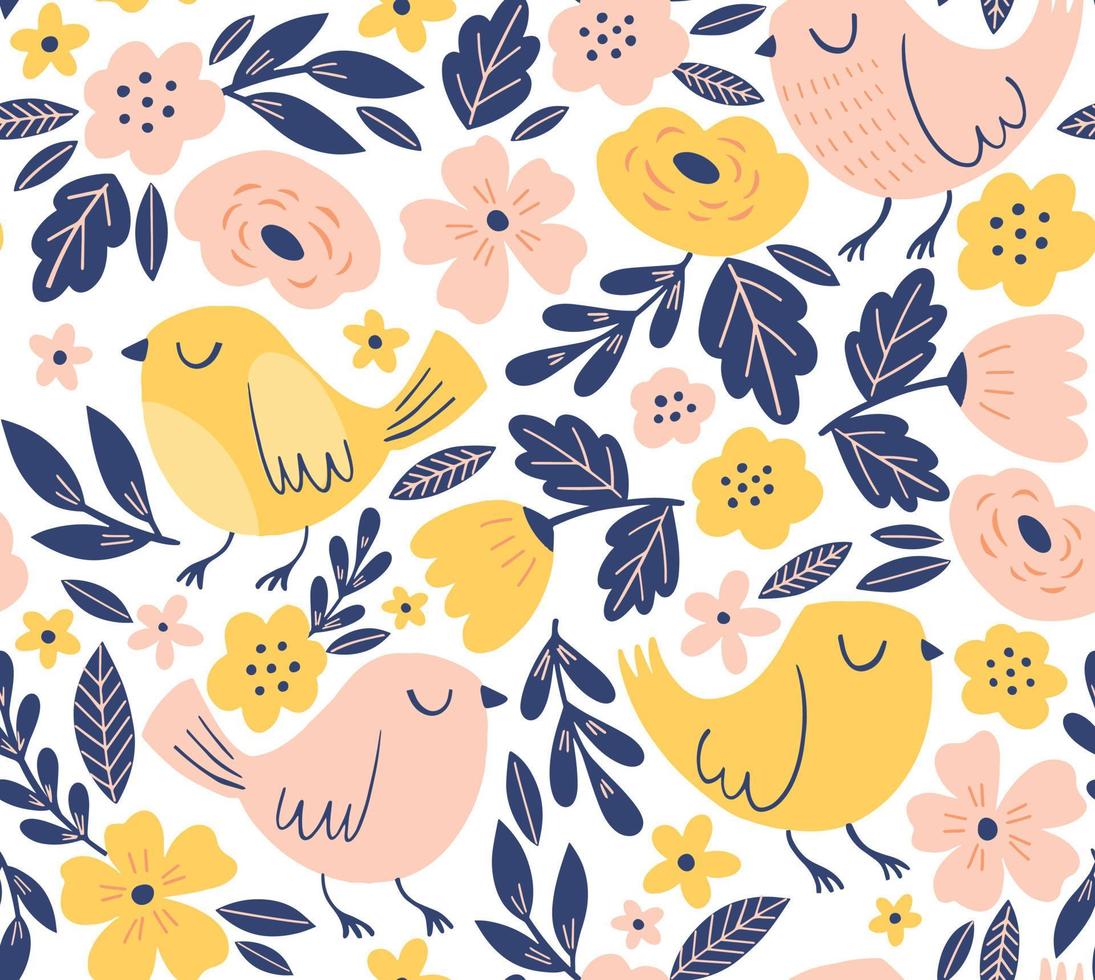Cute floral pattern with birds. Spring vector seamless background with birds, flowers and leaves. Cartoon style, hand drawn childish print design.