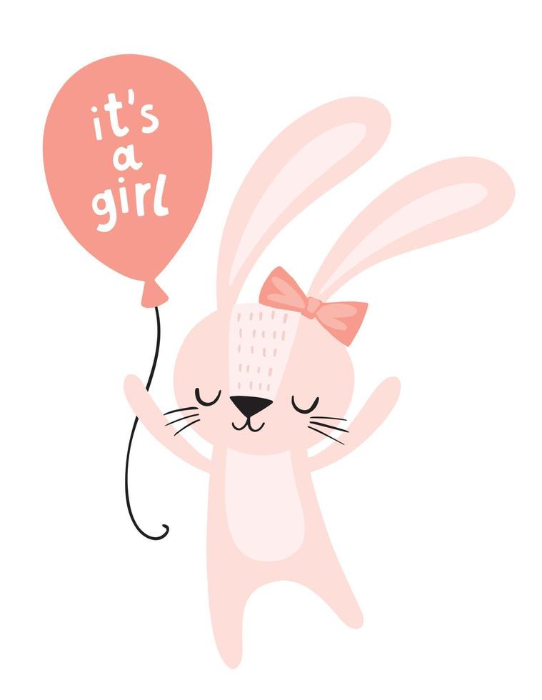 Baby shower card. It's a girl pink bunny with a balloon. Cute rabbit character. Nursery wall art illustration. vector