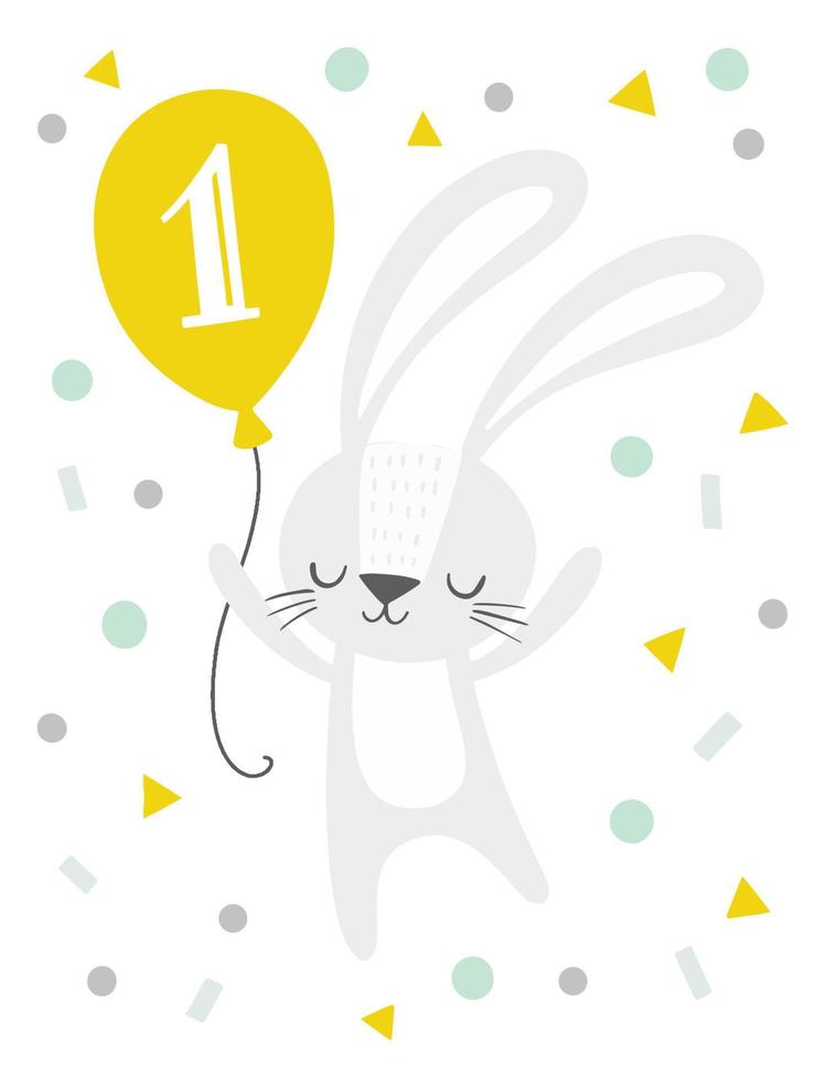 Cute rabbit holding a balloon. First birthday happy bunny with confetti. Birthday party invitation, card. vector