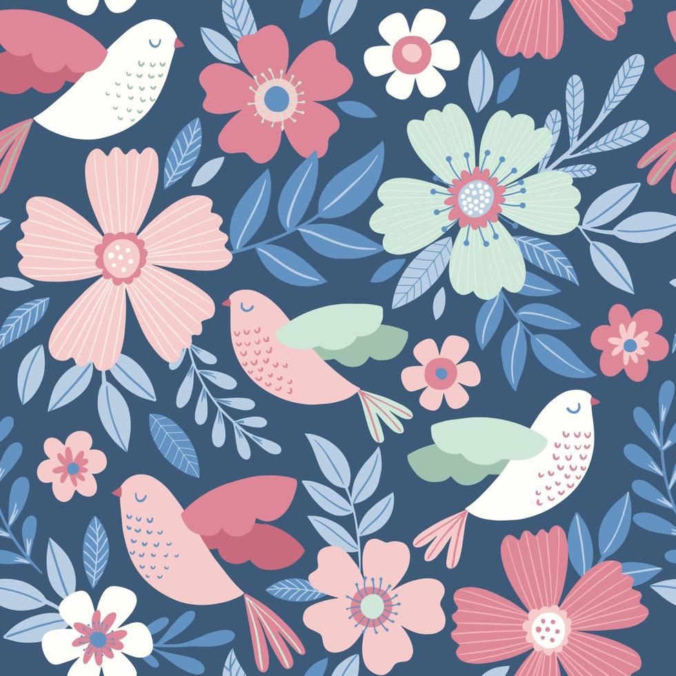 Vector pattern with flowers and birds. Seamless floral design.