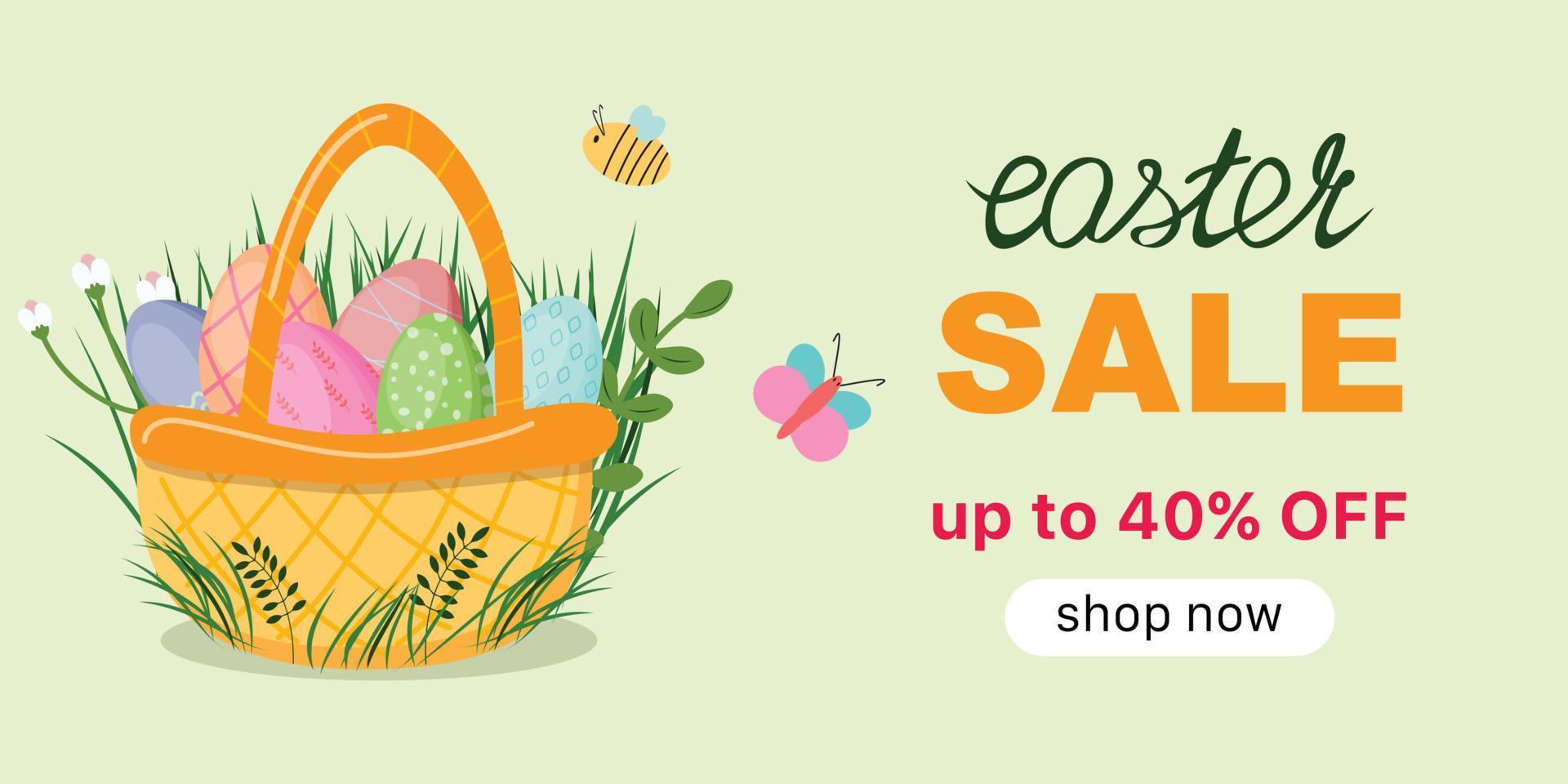 Easter sale template with a basket filled with Easter eggs. Template for banner, web advertisements, cards, flyers, gift cards. Vector template.