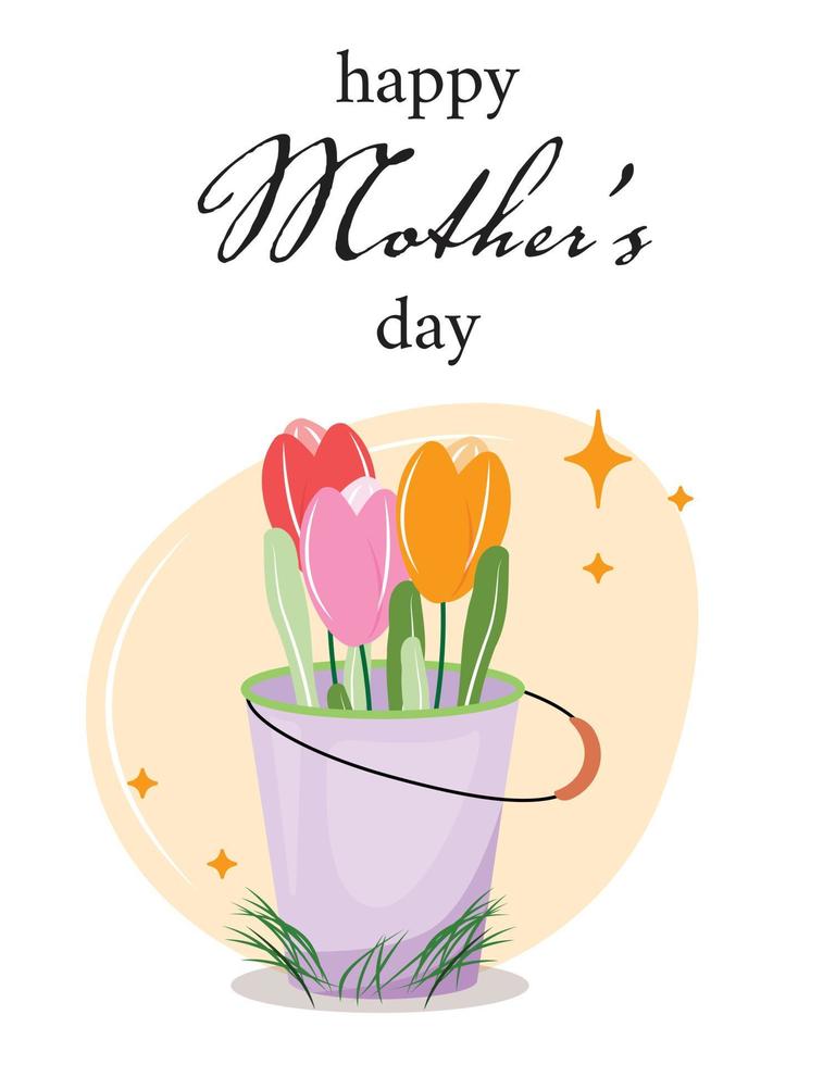 ilustración del día de la madre con un balde lleno de tulipanes. para tarjetas, pancartas, fondos, carteles, invitaciones, anuncios. vector