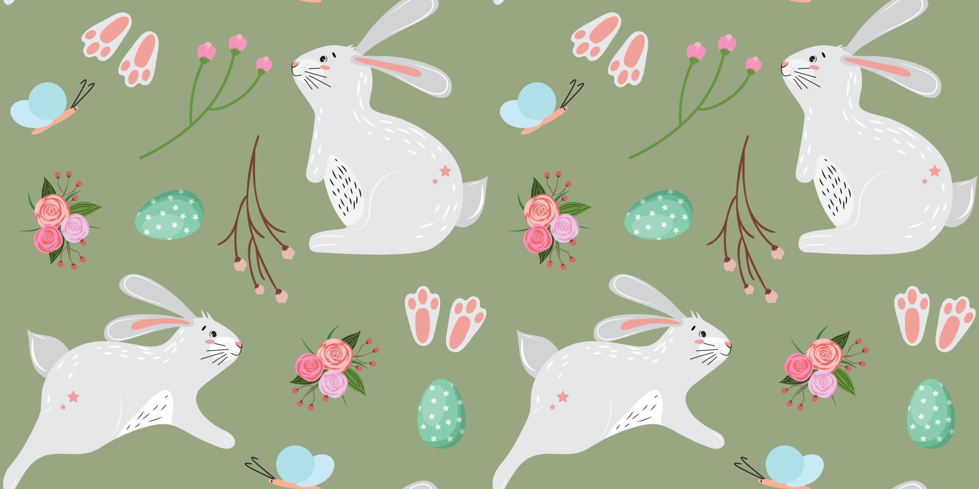 Seamless pattern with cute Easter bunnies, Easter eggs and flowers. Children pattern for textile, wallpaper, packaging, wrapping paper. Cute spring vector pattern.