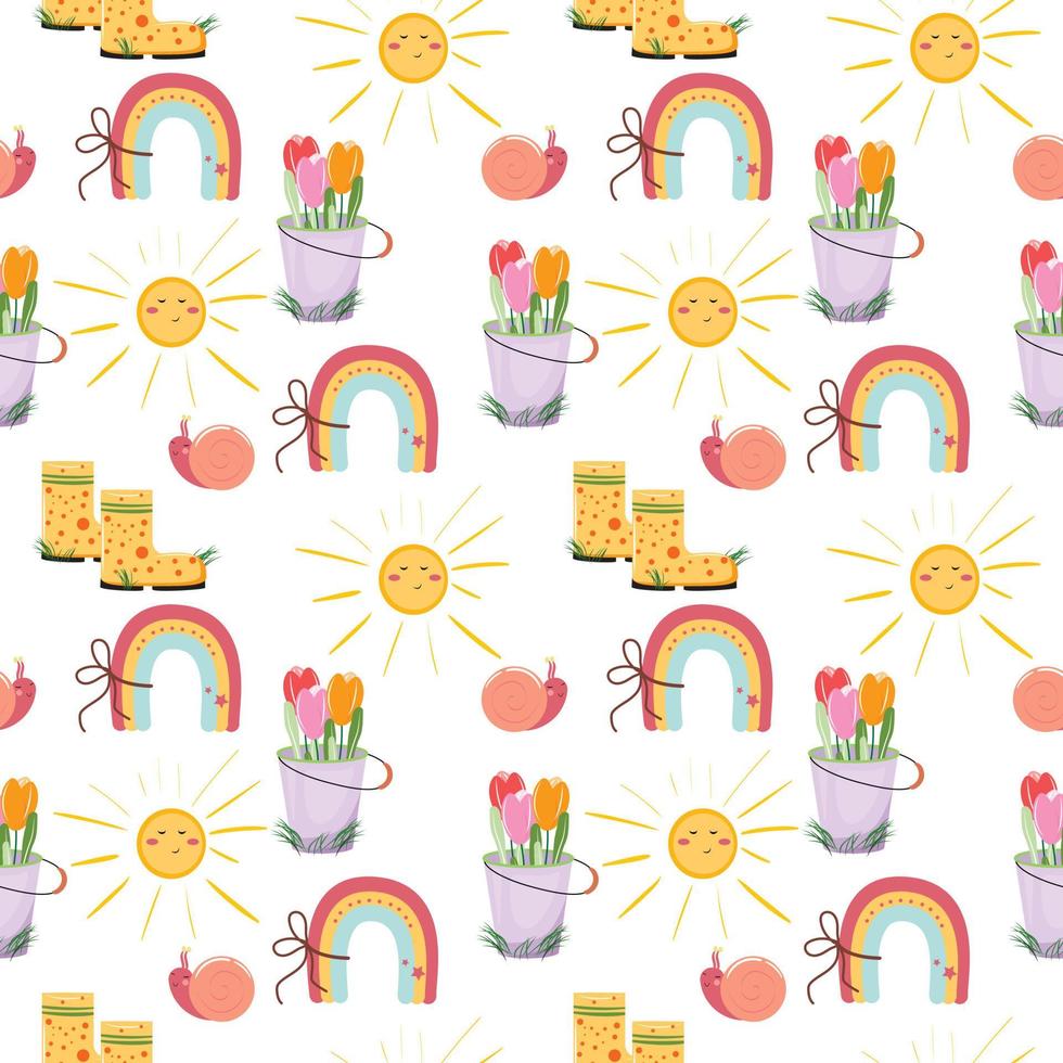 Seamless pattern with cute summer elements. Children pattern with a rainbow, boots, sun, snail and flowers. For textile, wrapping paper, packaging, wallpaper, cards. Vector pattern.