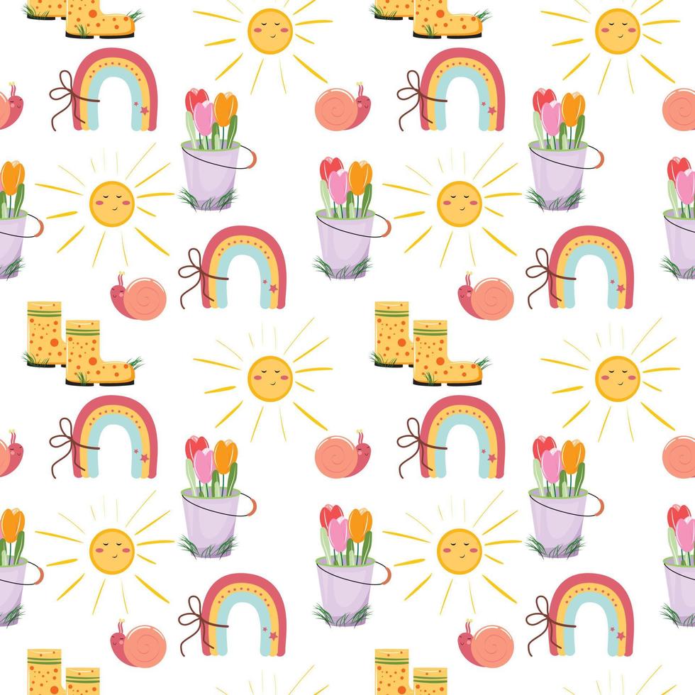 Seamless pattern with cute summer elements. Children pattern with a rainbow, boots, sun, snail and flowers. For textile, wrapping paper, packaging, wallpaper, cards. Vector pattern.