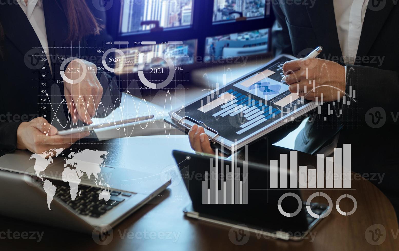 Data Management System with Business Analytics concept. business team hands working with provide information for Key Performance Indicators and marketing analysis onn virtual photo