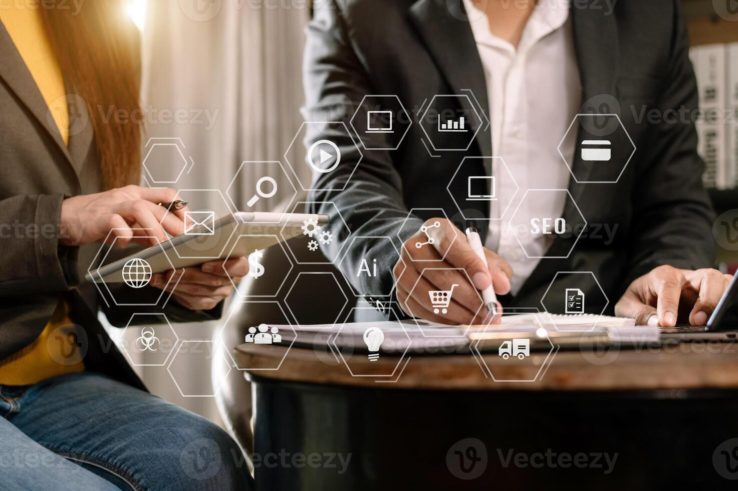 Working team meeting concept, business using laptop and digital tablet with marketing  virtual icon photo