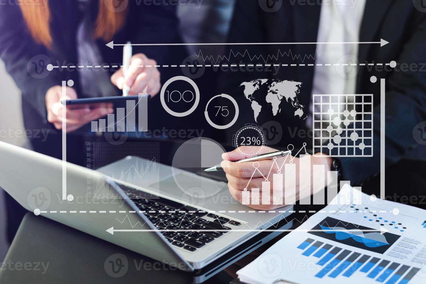 Intelligence and business analytics with key performance indicators dashboard concept. Two business colleague web designer discussing data and digital tablet photo