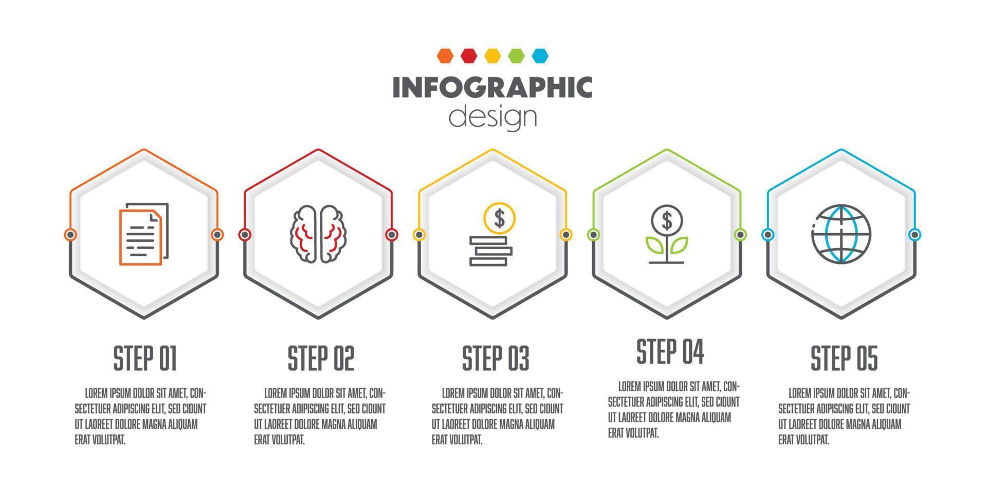 Vector presentation infographic template with concept business icon 5 step colorful hexagon shape.