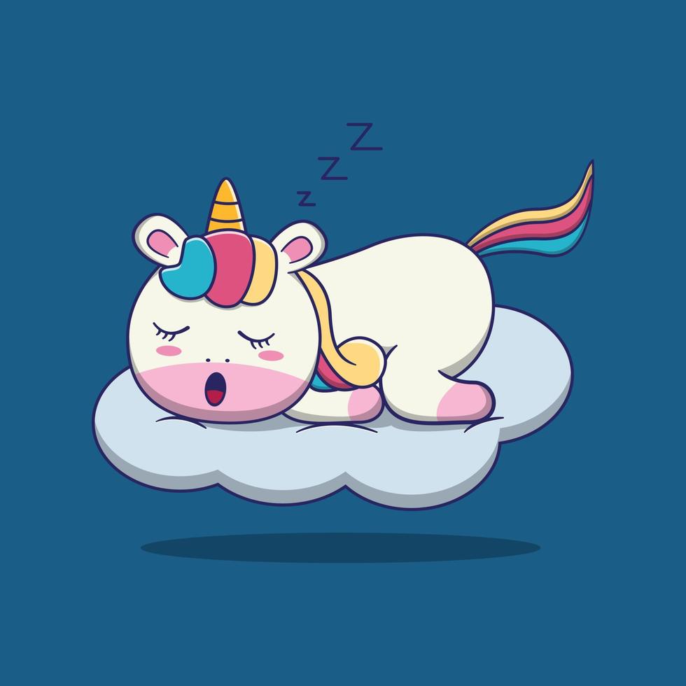 lindo unicornio durmiendo sobre las nubes, adecuado para libros infantiles, tarjetas de cumpleaños, día de san valentín, pegatinas, portadas de libros, tarjetas de felicitación, impresión. vector