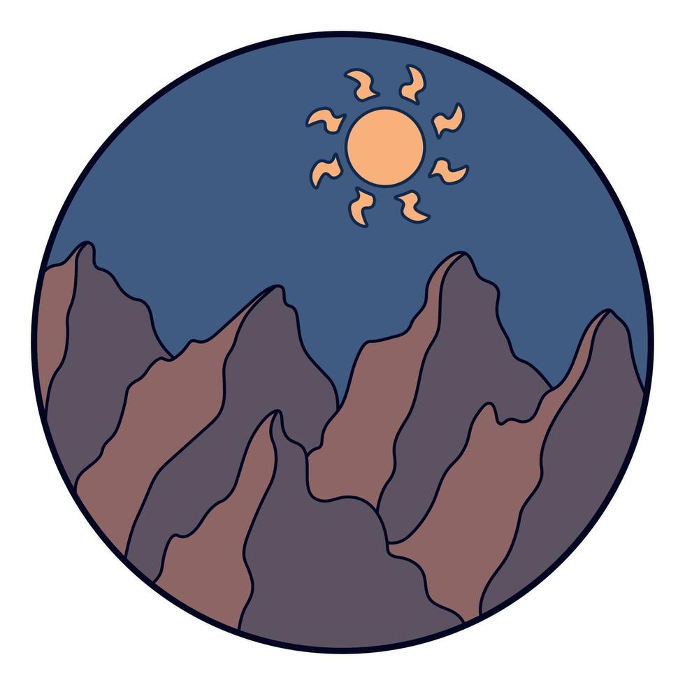 Vector illustration of mountain. Colorful hand drawn outline icon in circle frame. For print, web, design, decor, logo.