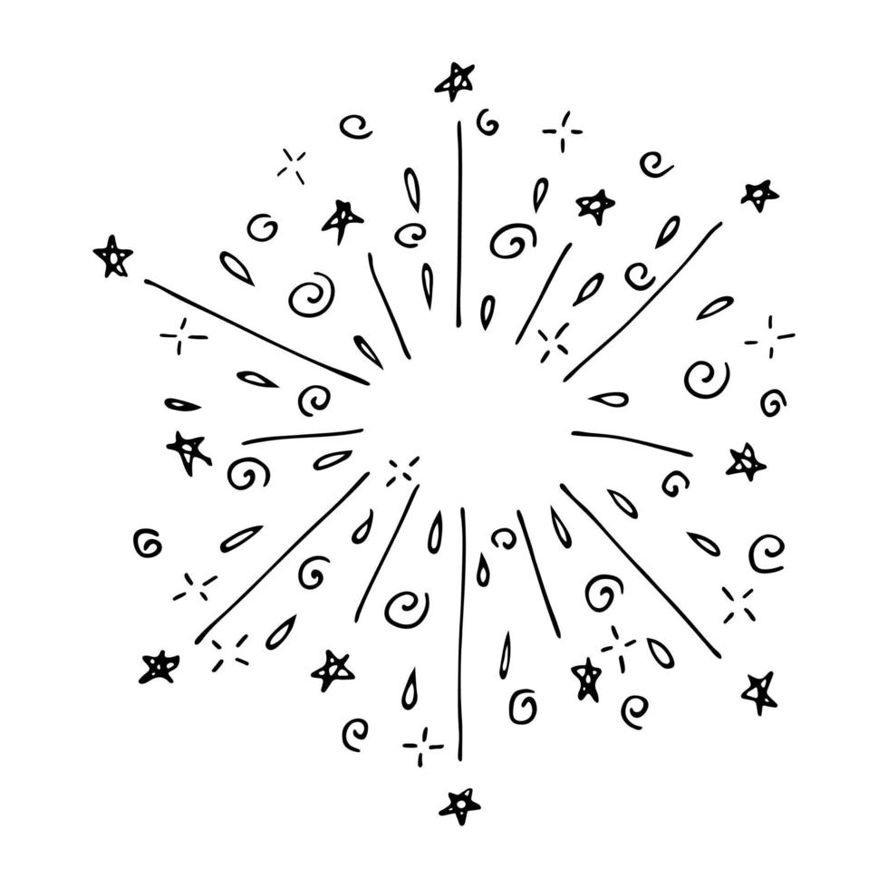 fuegos artificiales dibujados a mano vectorial. lindo doodle ilustración de fuegos artificiales aislado sobre fondo blanco. para tarjetas de felicitación, impresión, web, diseño, decoración. vector