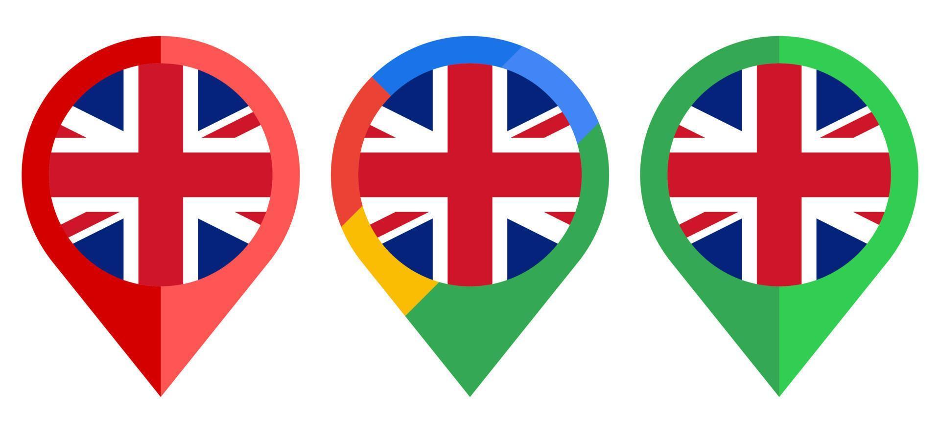 icono de marcador de mapa plano con bandera del Reino Unido aislada sobre fondo blanco vector