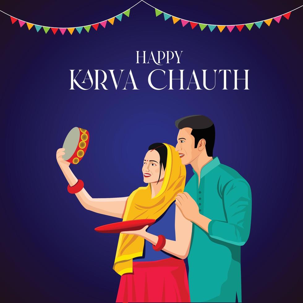 Happy Karwa Chauth festival card with Karva Chauth is a one-day festival celebrated by Hindu women from some regions of India, vector