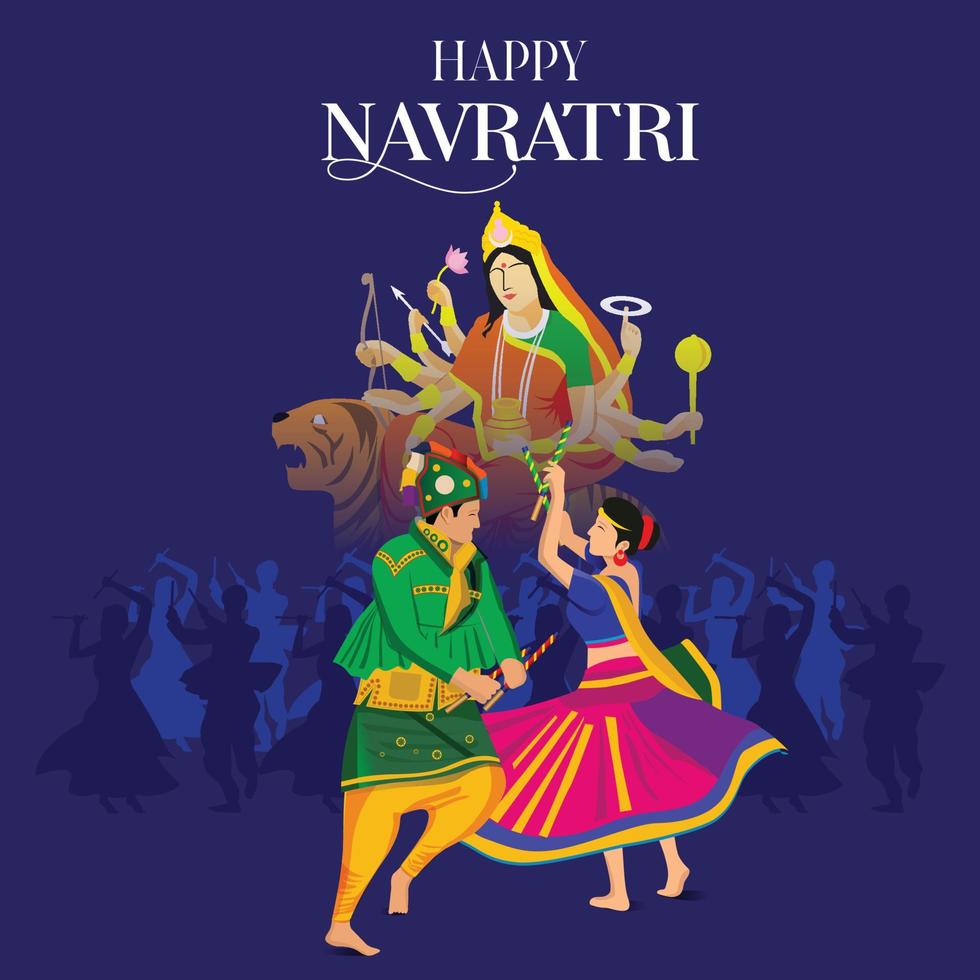 ilustración de la cara de la diosa durga para feliz navratri, pareja jugando garba y dandiya en celebración navratri y noche disco vector