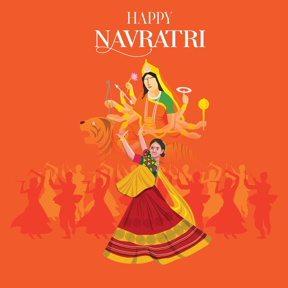 ilustración de la cara de la diosa durga para feliz navratri, pareja jugando garba y dandiya en celebración navratri y noche disco vector