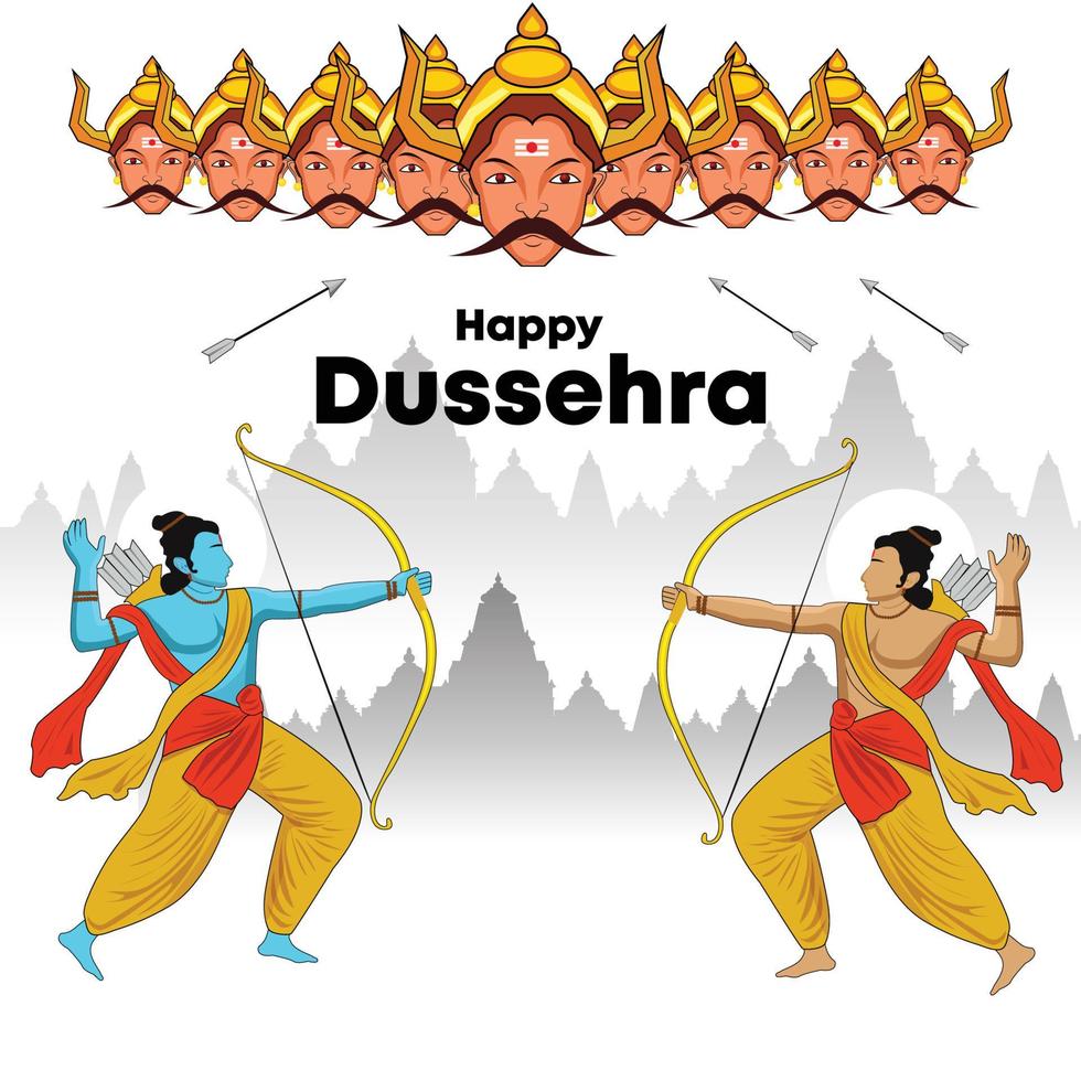 Happy Dussehra text with an illustration of Lord Rama bow arrow and temple background for Indian festival Dussehra vector