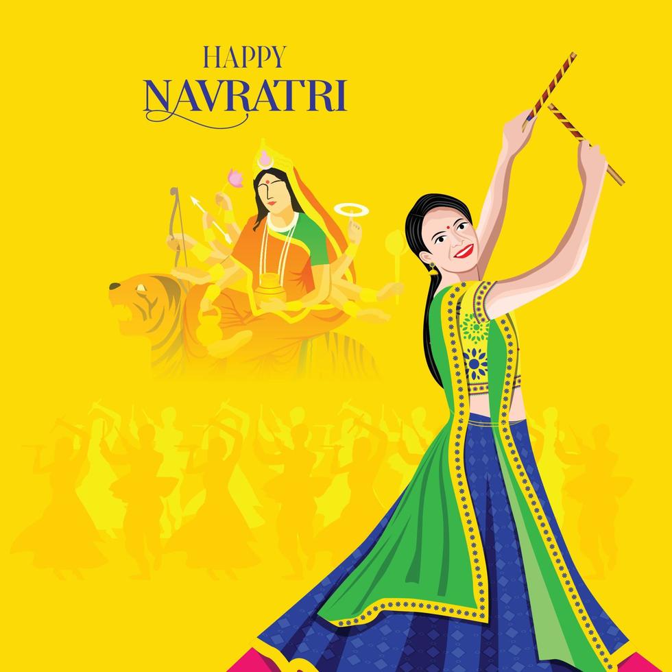 illustration of Goddess Durga Face For Happy Navratri, Couple Playing Garba and Dandiya in Navratri Celebration and Disco Night vector