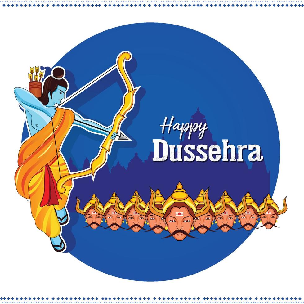 Happy Dussehra text with an illustration of Lord Rama bow arrow and temple background for Indian festival Dussehra vector