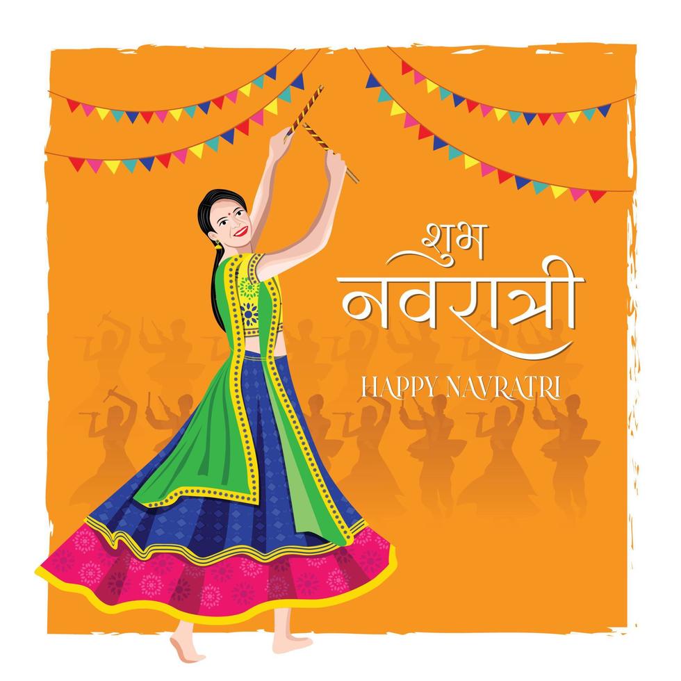 illustration of Goddess Durga Face For Happy Navratri, Couple Playing Garba and Dandiya in Navratri Celebration and Disco Night vector