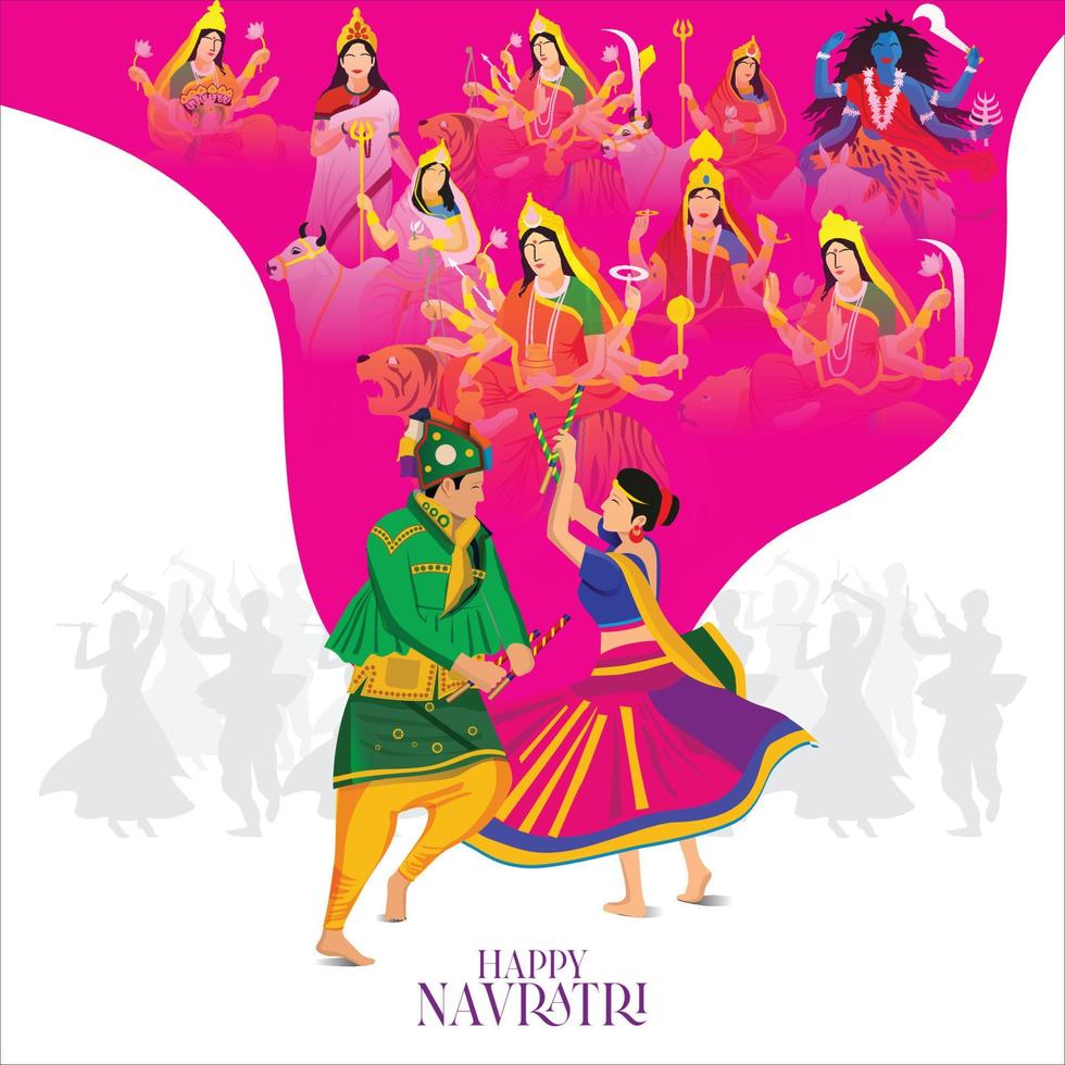 illustration of Goddess Durga Face For Happy Navratri, Couple Playing Garba and Dandiya in Navratri Celebration and Disco Night vector
