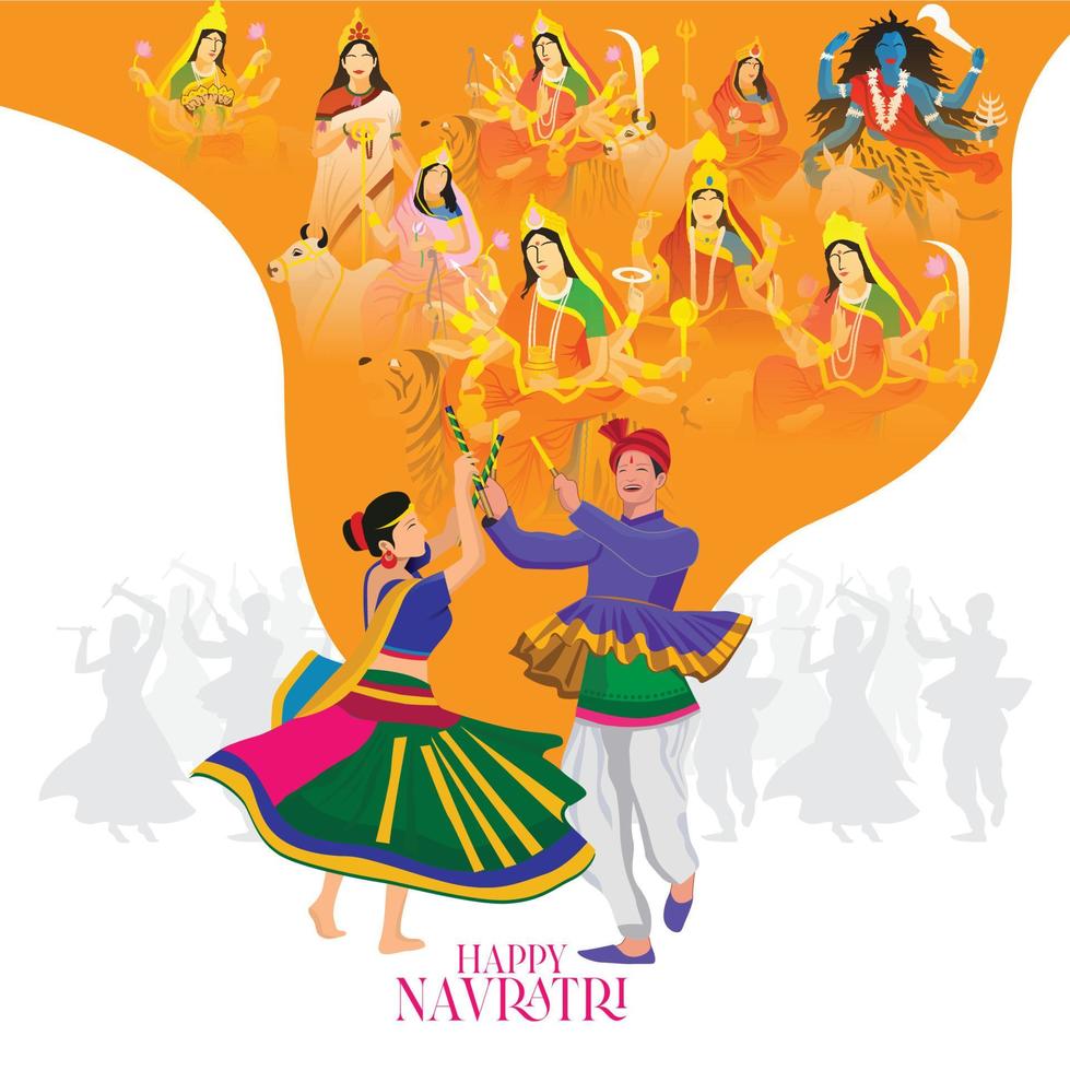 illustration of Goddess Durga Face For Happy Navratri, Couple Playing Garba and Dandiya in Navratri Celebration and Disco Night vector