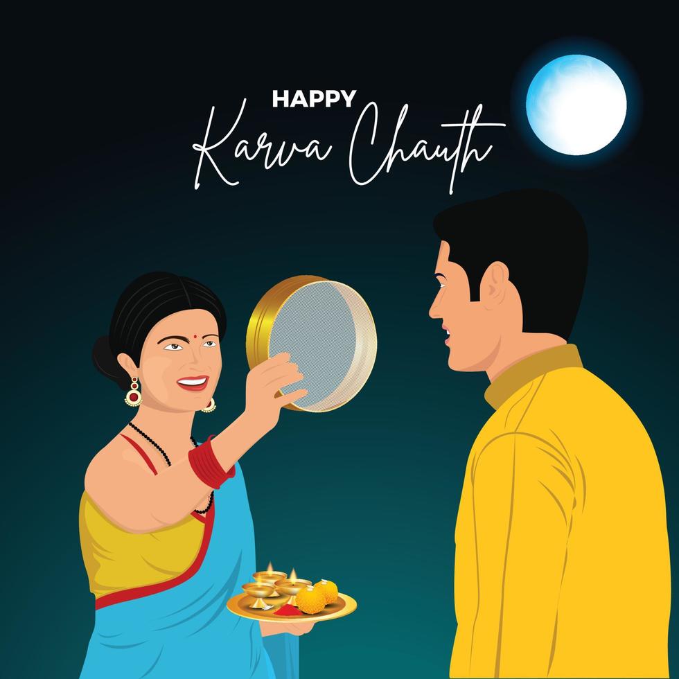 Happy Karwa Chauth festival card with Karva Chauth is a one-day festival celebrated by Hindu women from some regions of India, vector