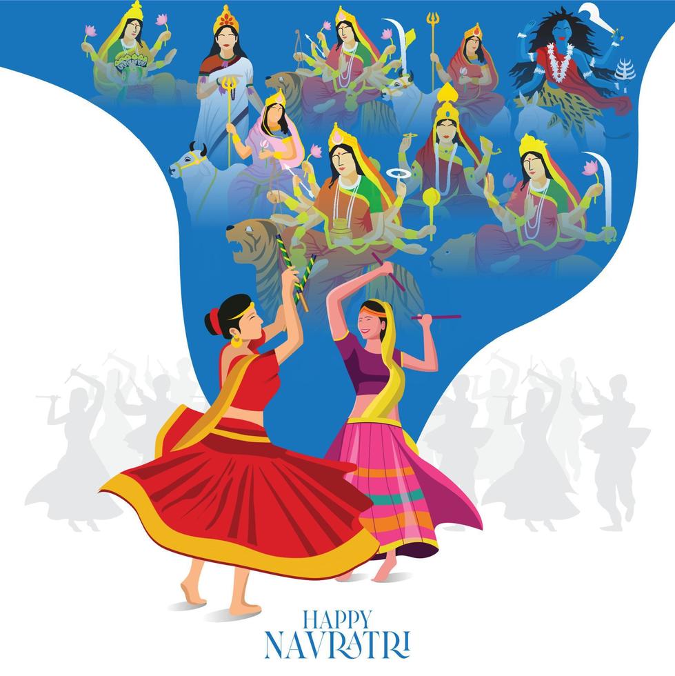 ilustración de la cara de la diosa durga para feliz navratri, pareja jugando garba y dandiya en celebración navratri y noche disco vector