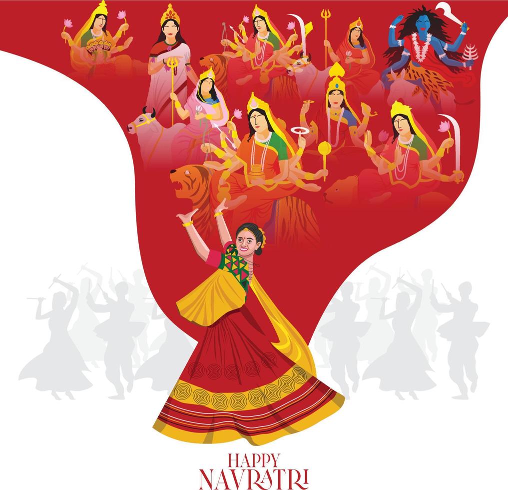 ilustración de la cara de la diosa durga para feliz navratri, pareja jugando garba y dandiya en celebración navratri y noche disco vector