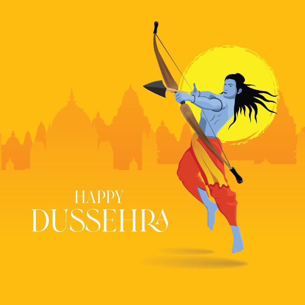 feliz texto de dussehra con una ilustración de lord rama arco flecha y fondo del templo para el festival indio dussehra vector