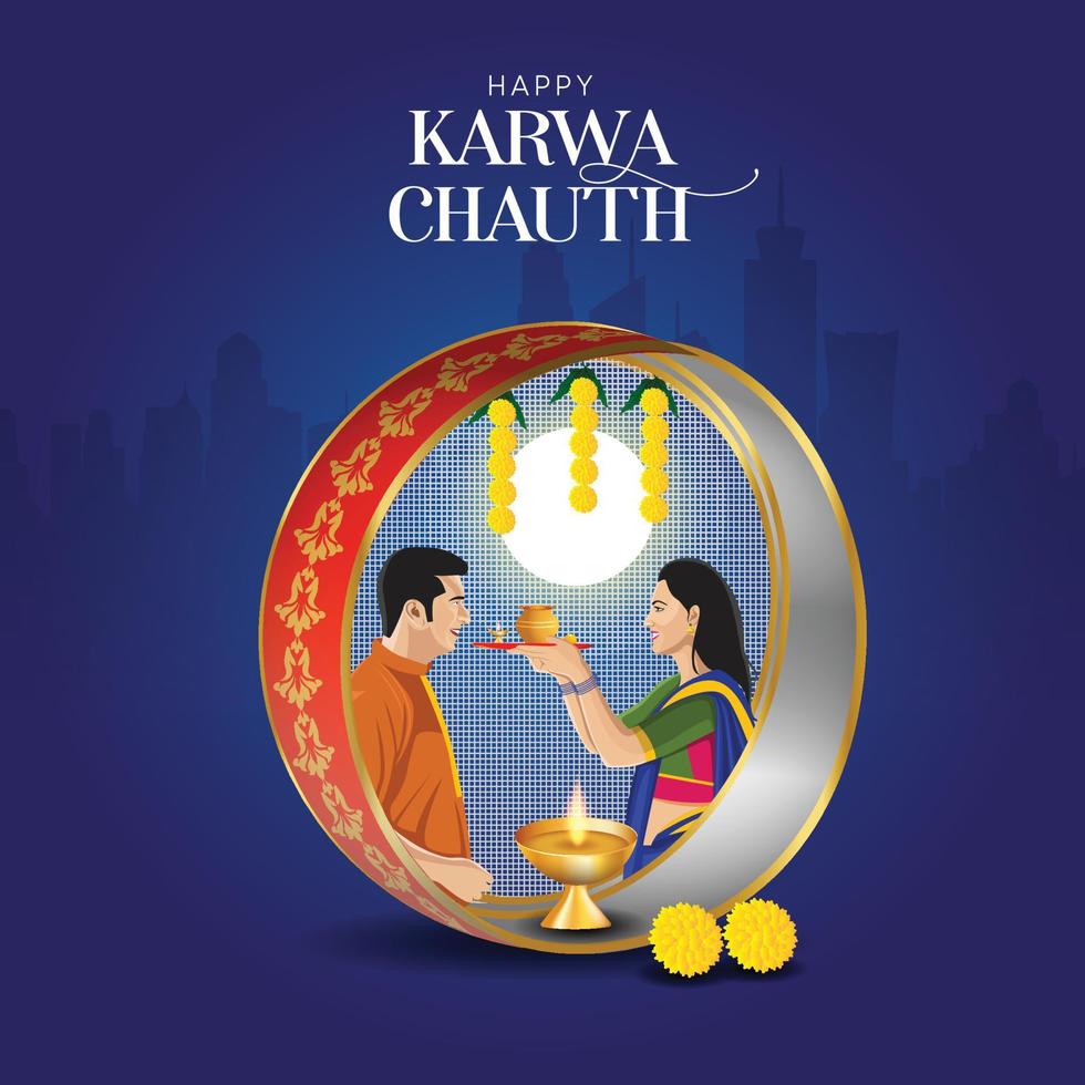 Happy Karwa Chauth festival card with Karva Chauth is a one-day festival celebrated by Hindu women from some regions of India, vector
