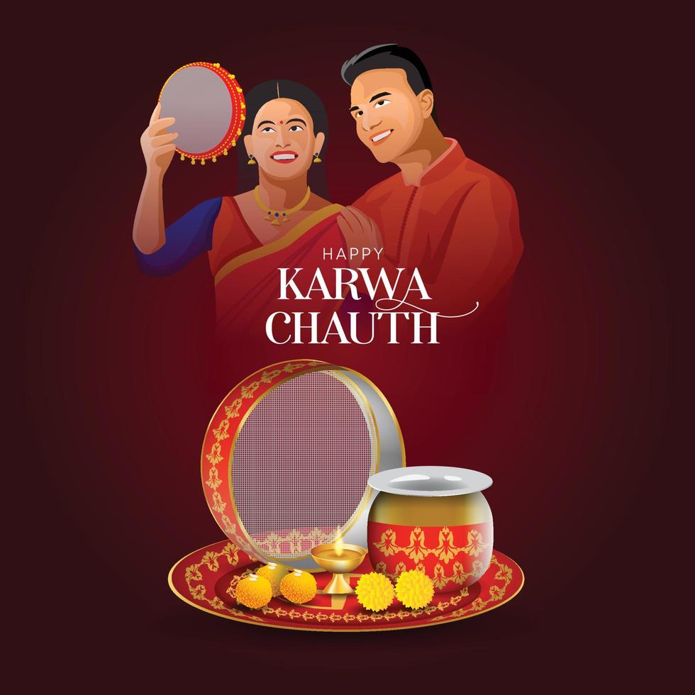 Happy Karwa Chauth festival card with Karva Chauth is a one-day festival celebrated by Hindu women from some regions of India, vector