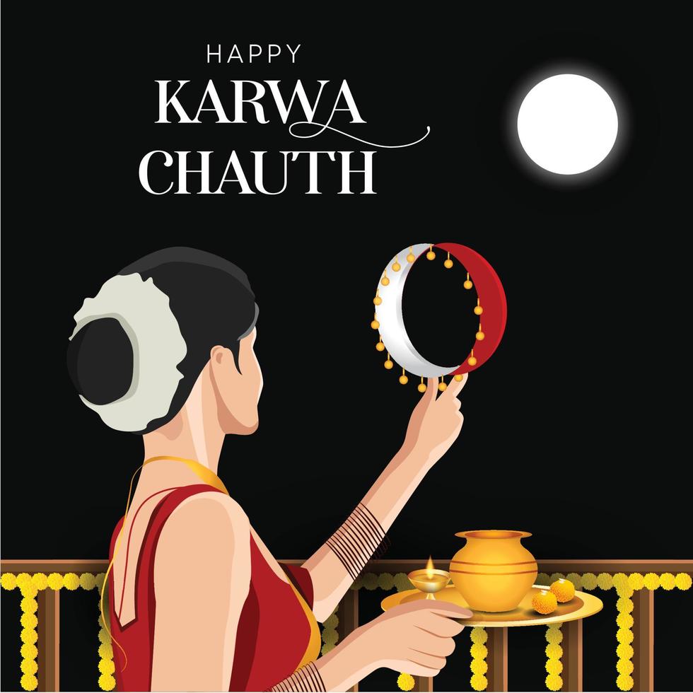 Happy Karwa Chauth festival card with Karva Chauth is a one-day festival celebrated by Hindu women from some regions of India, vector