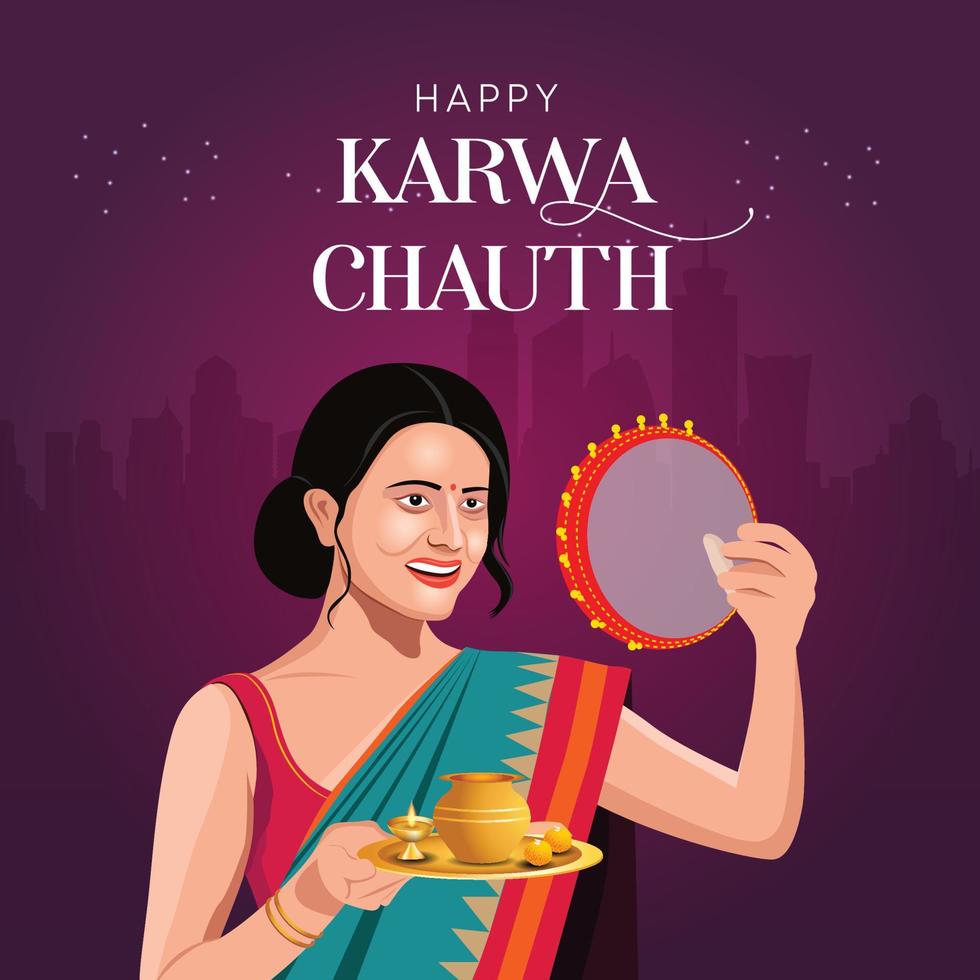 Happy Karwa Chauth festival card with Karva Chauth is a one-day festival celebrated by Hindu women from some regions of India, vector