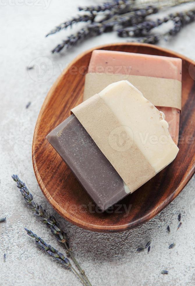 Natural soap with dried lavender flowers photo