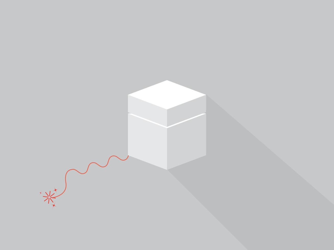 Square white box about to explode. The wick goes towards the white box with a fired wick. vector