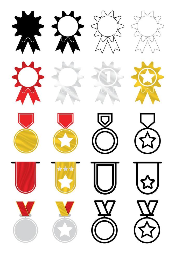 Big medal badge set of different medal and trophy icons. Star medal for first place, winner and award icon. Achieve vector set illustration sign. Award vector set. Modern logotype line design icons.