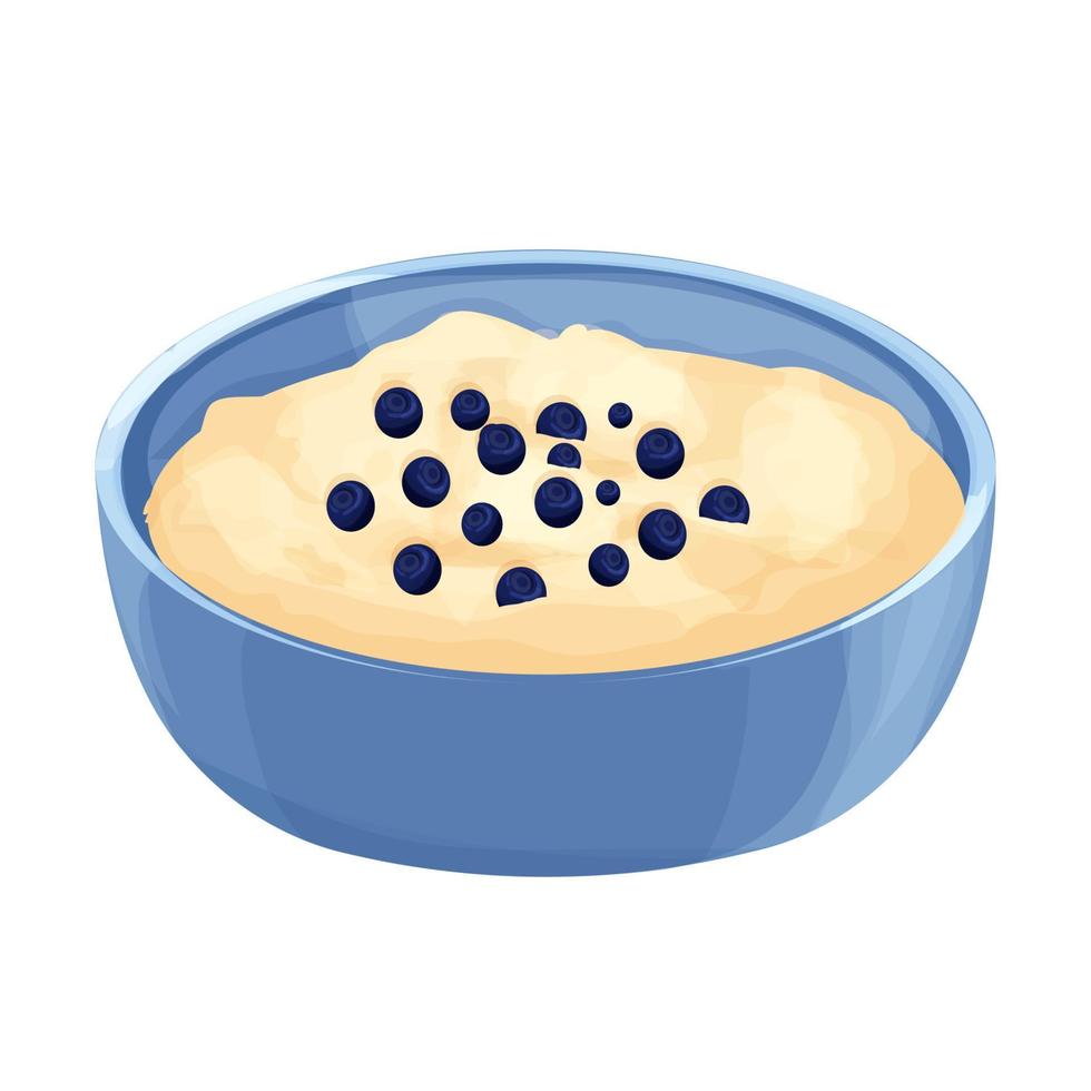 Oatmeal porridge with blueberry in bowl, plate in cartoon style isolated on white background. Muesli, healthy breakfast. . Vector illustration