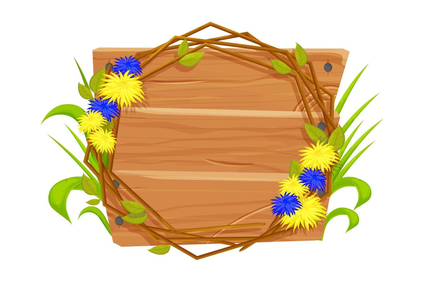 Wooden frame with flowers in national colors of Ukrainian flag decorated with grass in cartoon style. Support concept, banner. Vector illustration