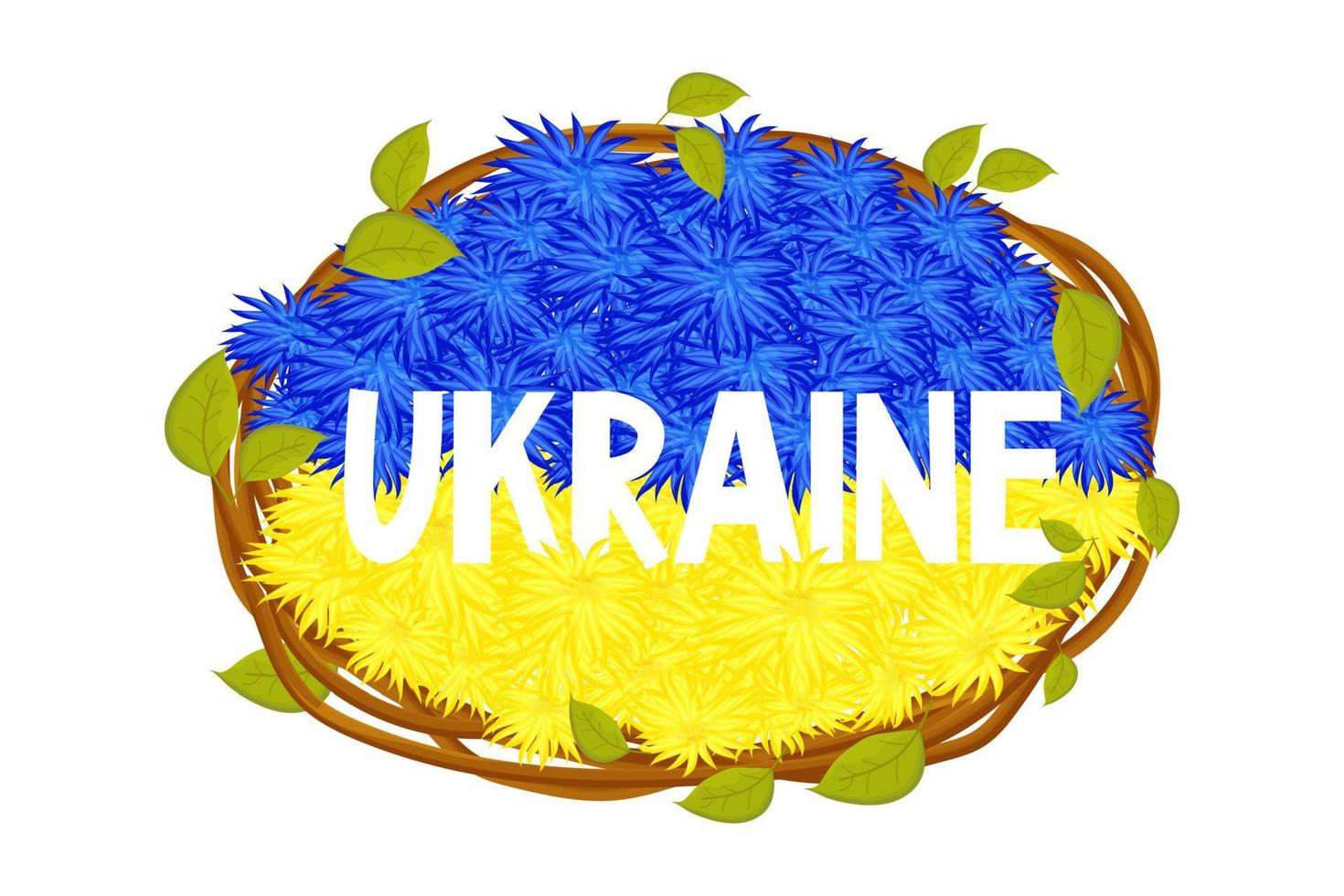 Ukrainian flag, National flag from flowers text Ukraine with two colors blue and yellow, frame from sticks with leaves in cartoon style. Elements for design. . Vector illustration