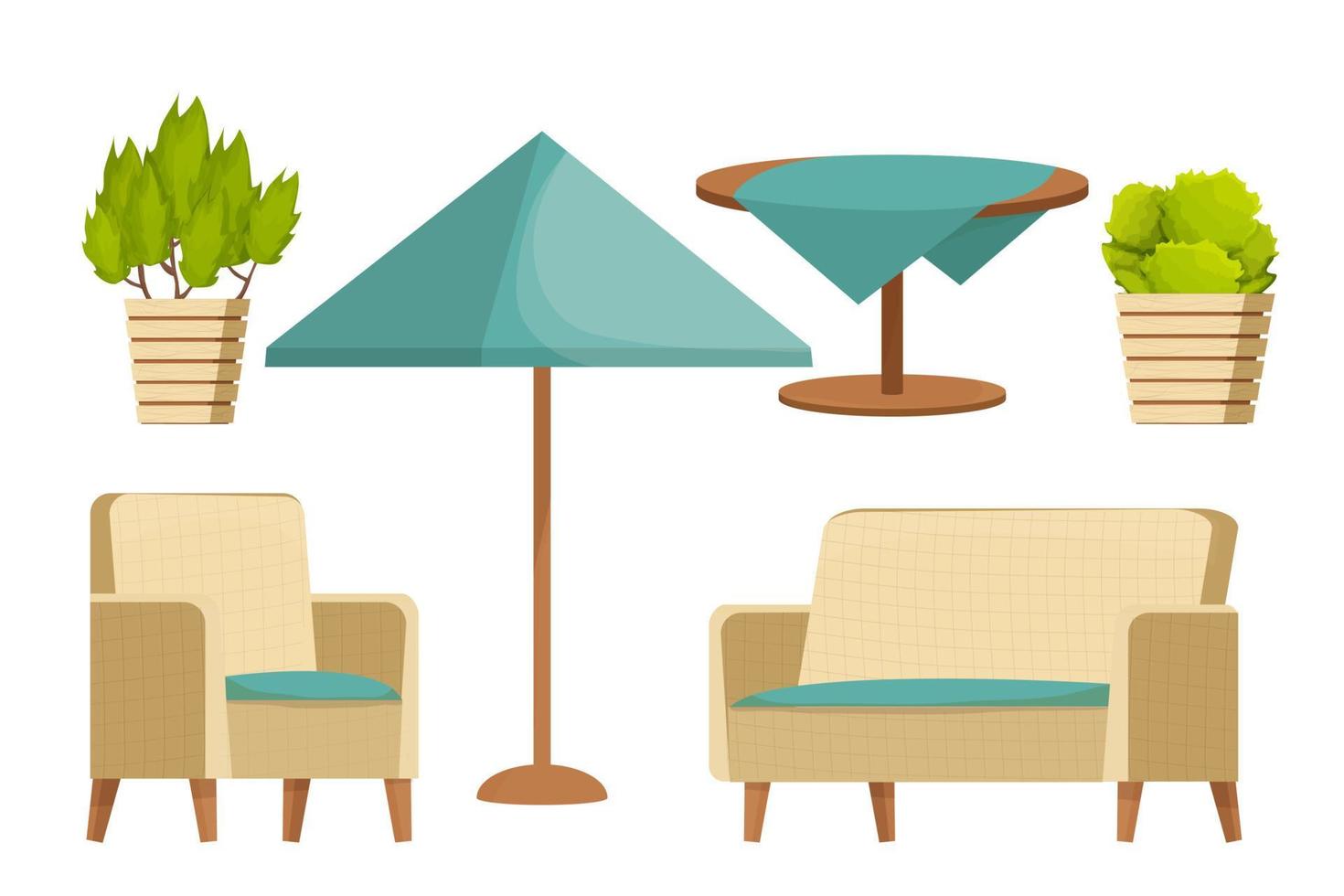 Backyard furniture set, comfortable armchair, sofa, parasol, table with tablecloth and plants in cartoon style isolated on white background. Luxury collection, patio leisure. Vector illustration