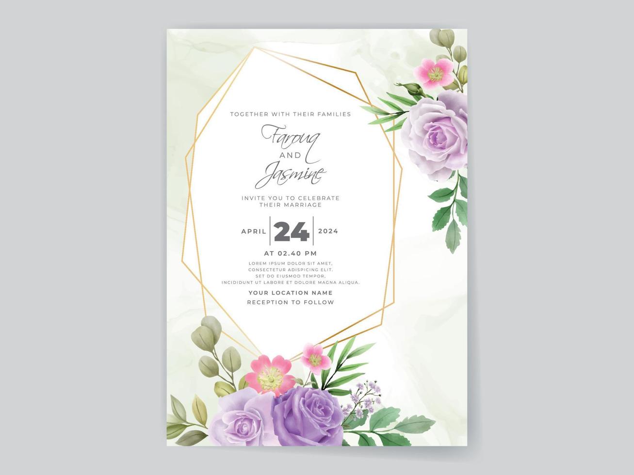 tarjeta de invitación de boda de rosas moradas románticas vector