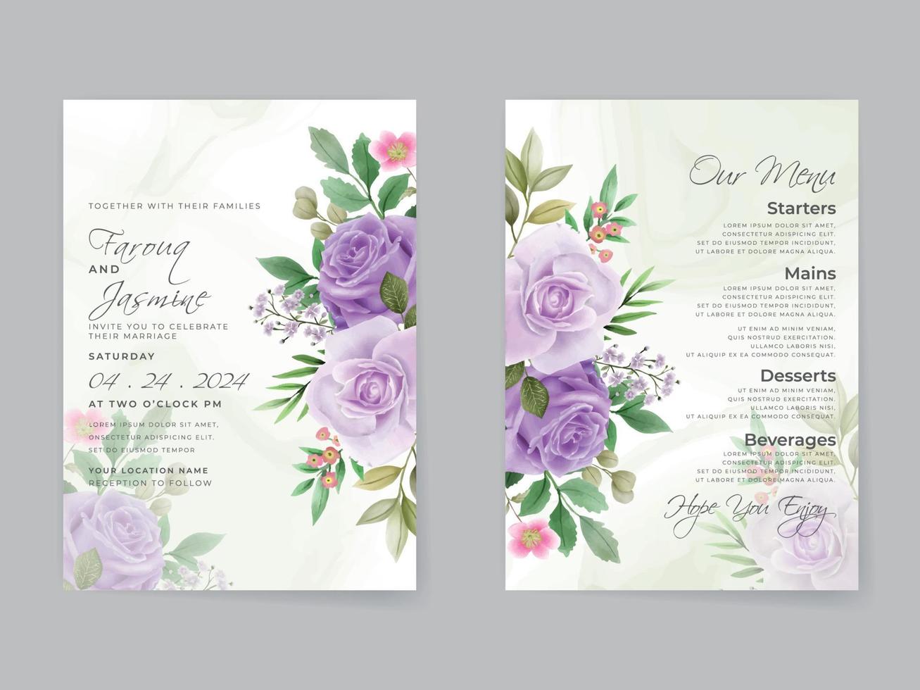 Romantic purple roses wedding invitation card vector