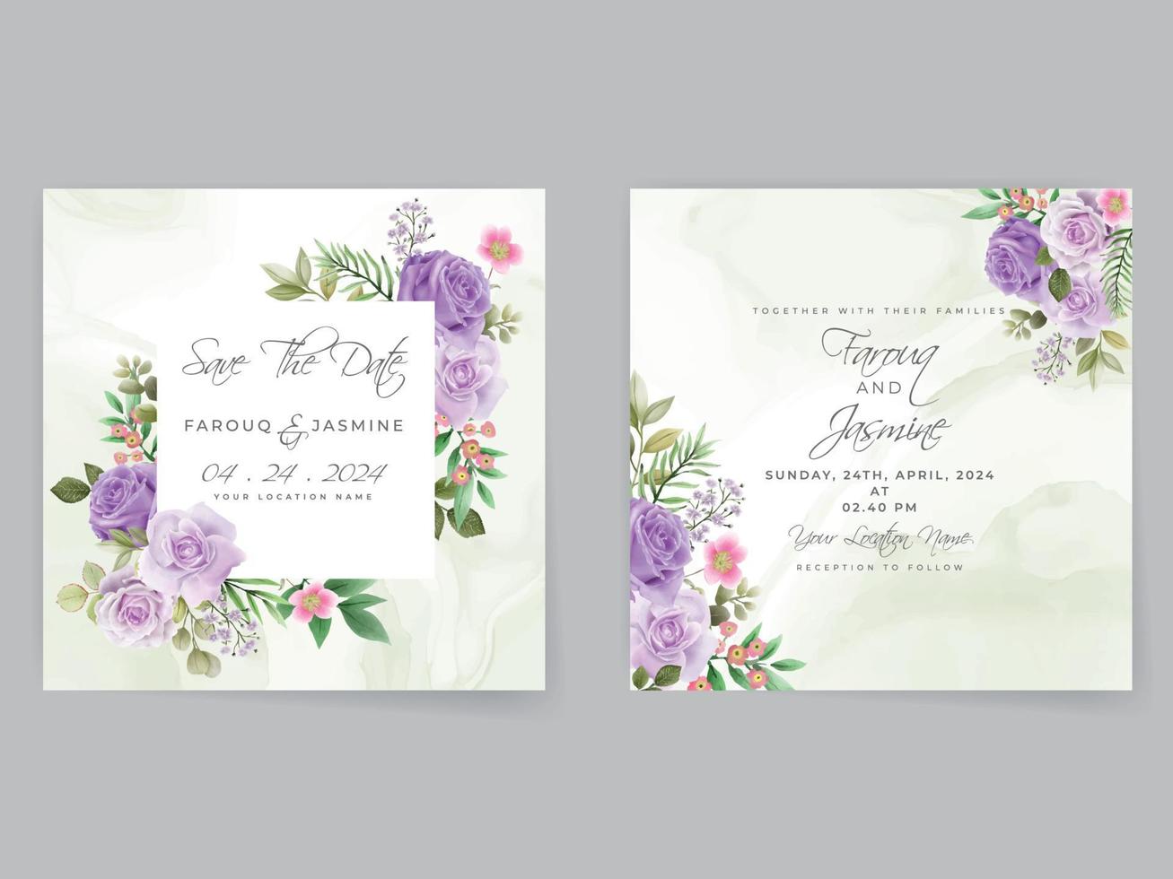 Romantic purple roses wedding invitation card vector