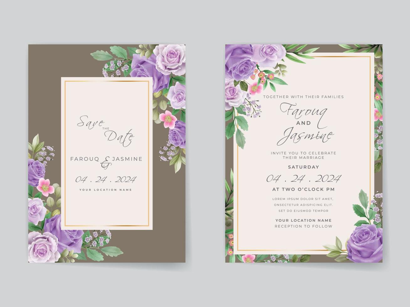 Romantic purple roses wedding invitation card vector