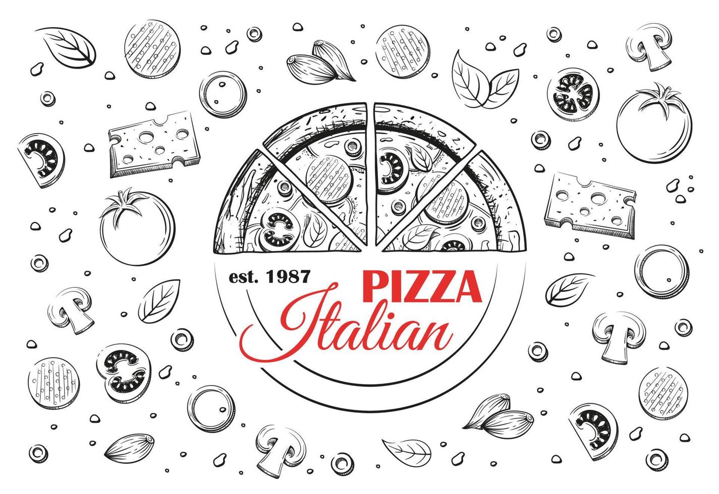 boceto de pizza italiana y logo vector