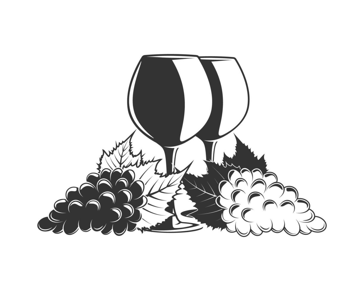 Bunches of grapes and two glasses of wine vector